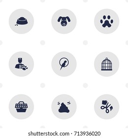 Set Of 9 Animals Icons Set.Collection Of Footprint, Scissor, Food And Other Elements.
