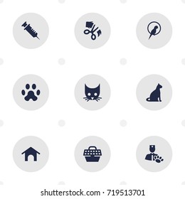 Set Of 9 Animals Icons Set.Collection Of Cat, Injection, Footprint And Other Elements.
