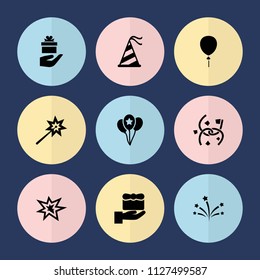 Set of 9 anniversary filled icons such as gift, sparklers, party hat, balloon, fireworks