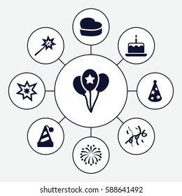 Set of 9 anniversary filled icons such as cake with one candle, heart cake, fireworks, party hat, confetti, balloon