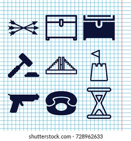 Set of 9 antique filled and outline icons such as chest, desk phone, arrow bow, gun, chichen itza, hourglass, castle tower
