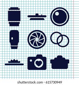 Set of 9 aperture filled icons such as heart with camera