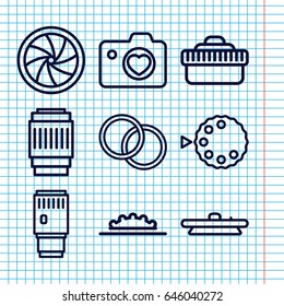 Set of 9 aperture outline icons such as heart with camera