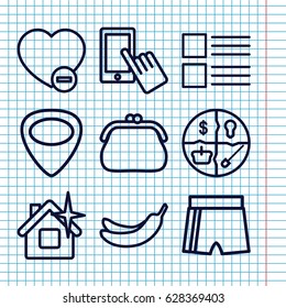Set of 9 app outline icons such as Banana, finger on display, clean house, minus favorite, guitar mediator, menu, purse, sport shorts
