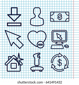 Set of 9 app outline icons such as money, pointer on display, clean house, minus favorite, download, pointer, user