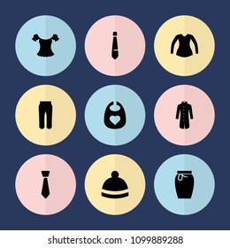 Set of 9 apparel filled icons such as baby bid, blouse, winter hat, tie, pants, skirt
