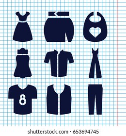 Set of 9 apparel filled icons such as baby bid, dress, jacket, sleeveless shirt, pants, jumpsuit, skirt
