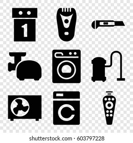 Set of 9 appliance filled icons such as washing machine, electric razor, vacuum cleaner, cutter, remote control, meat grinder, air conditioner