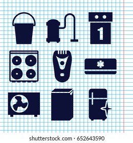 Set of 9 appliance filled icons such as electric razor, washing machine, cooker, vacuum cleaner, clean fridge, bucket, air conditioner