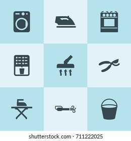 Set of 9 appliance filled icons such as secateurs, coffee, portable vacuum cleaner, bucket, vacuum cleaner, washer, iron, ironing