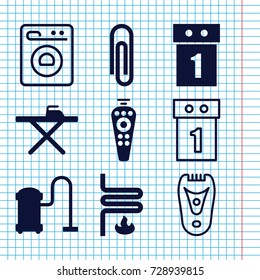 Set of 9 appliance filled and outline icons such as ironing table, vacuum cleaner, remote control, heating system, electric razor, washing machine, paper clip