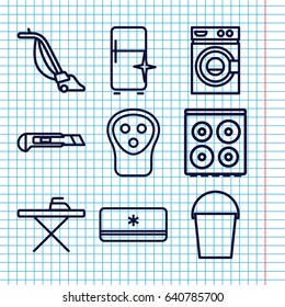Set of 9 appliance outline icons such as electric razor, ironing table, washing machine, cooker, vacuum cleaner, clean fridge, cutter, bucket