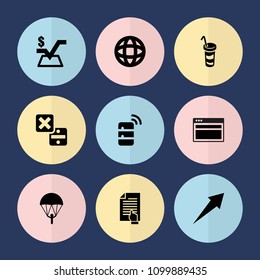 Set of 9 application filled icons such as mathematical square, parachute, drink, globe, server, arrow, pointing on document, cancel