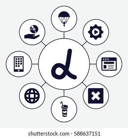 Set of 9 application filled icons such as drink, browser, play in gear, CD on hand, calendar on phone, globe, parachute, alpha