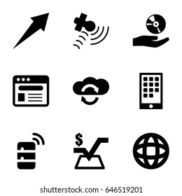  set of 9 application filled icons such as mathematical square, satellite, browser, cd on hand, calendar on phone, globe, server, arrow