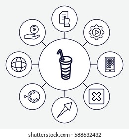 Set of 9 application outline icons such as pointing on document, drink, play in gear, CD on hand, camera mode, calendar on phone, globe, cancel