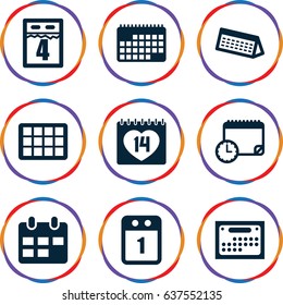 set of 9 appointment filled icons such as 14 date, 1st day calendar