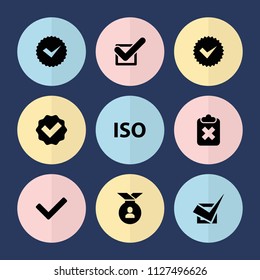 Set of 9 approved filled icons such as tick, iso, clipboard with cross