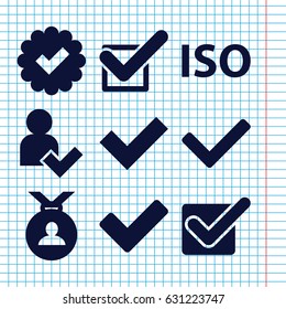 Set of 9 approved filled icons such as medal, tick, iso