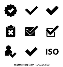 set of 9 approved filled icons such as tick, iso, add user