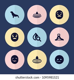 Set of 9 aqua filled icons such as seal, water drop, crying emot, drop under magnifier