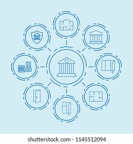 Set of 9 architectural outline icons such as bank insurance, bank, plan, window, door, supermarket