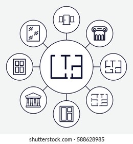 Set of 9 architectural outline icons such as court, Greek column, window, plan