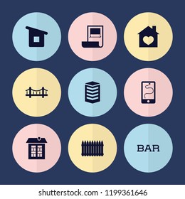Set of 9 architecture filled icons such as house building, fence, building, plan, bridge, window, bar, house with heart