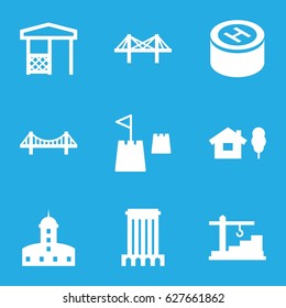 set of 9 architecture filled icons such as castle, bridge, gazebo 