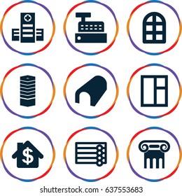 set of 9 architecture filled icons such as window, business centre, wooden wall, greek column, tunnel, hospital, building