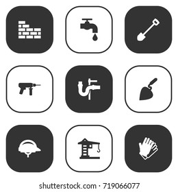 Set Of 9 Architecture Icons Set.Collection Of Hardhat, Building Machinery, Bricklayer And Other Elements.