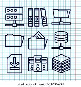 Set of 9 archive outline icons such as folder, file, document in folder, server, archive