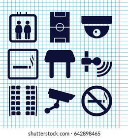 Set of 9 area filled icons such as elevator, smoking area, no smoking, plane seats, table, security camera, football pitch