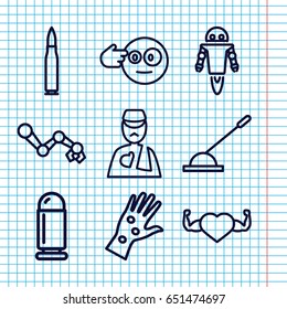 Set of 9 arm outline icons such as heart with muscles, arm lever, robot, bullet