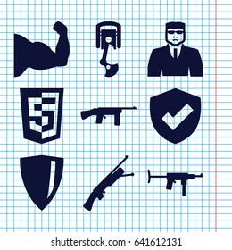 Set of 9 arms filled icons such as security guy, robot arm, submachine gun, shield