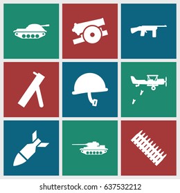 set of 9 army filled icons such as rocket bomb, cannon, war helmet, ammo, tank, military plane