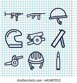 Set of 9 army outline icons such as helmet, cannon, war helmet, bullet
