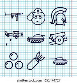 Set of 9 army outline icons such as rocket bomb, knight, cannon, canon ball, tank, military plane, submachine gun