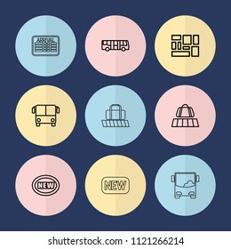 Set of 9 arrival outline icons such as luggage belt, airport bus, new, luggage