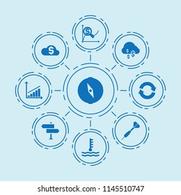 Set of 9 arrow filled icons such as dollar cloud, refresh, car temperature, money cloud, money line graph, graph chart, dart, signpost