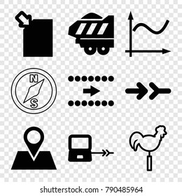 Set of 9 arrow filled and outline icons such as laptop connection, arrow, location pin, cargo trailer, download document, weather vane, graph