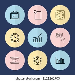 Set of 9 arrow outline icons such as clock, graph, chart, download document, stopwatch, arrow left, 24 hours support