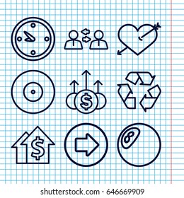 Set of 9 arrow outline icons such as arrow right, recycle, clock, heart with arrow, money up, dollar growth, target