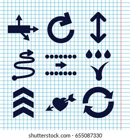 Set of 9 arrows filled icons such as heart with arrow, watering system, arrow, curved arrow