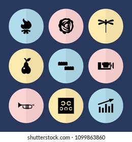 Set of 9 art filled icons such as vice clamp, building block, pear, eye test, dragonfly, chart, nest, bonfire