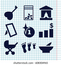 Set of 9 art filled icons such as baby stroller, bowl, explosion, seed bag, heart key, photo, money chart, stage