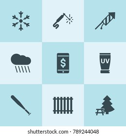 Set of 9 art filled icons such as rain, fence, welding, fireworks, dollar sign on phone, baseball bat, uv cream, snow