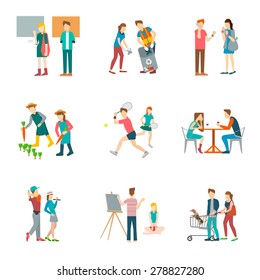 set 9 of art museum,gardening,trash volunteer,tennis,dating,golfing,portrait, vector illustration isolate on white background.