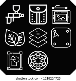 Set Of 9 Art Outline Icons Such As Leaf, Graphic Tablet, Corner, Frame, Galactic Empire, Spray Gun, Pocket, Layer