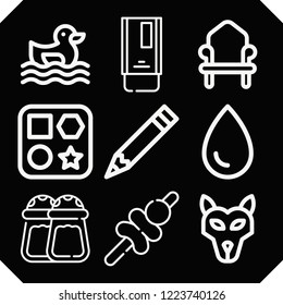 Set of 9 art outline icons such as throne, eraser, ink, shapes, ugly duckling, wolf, pencil, bite